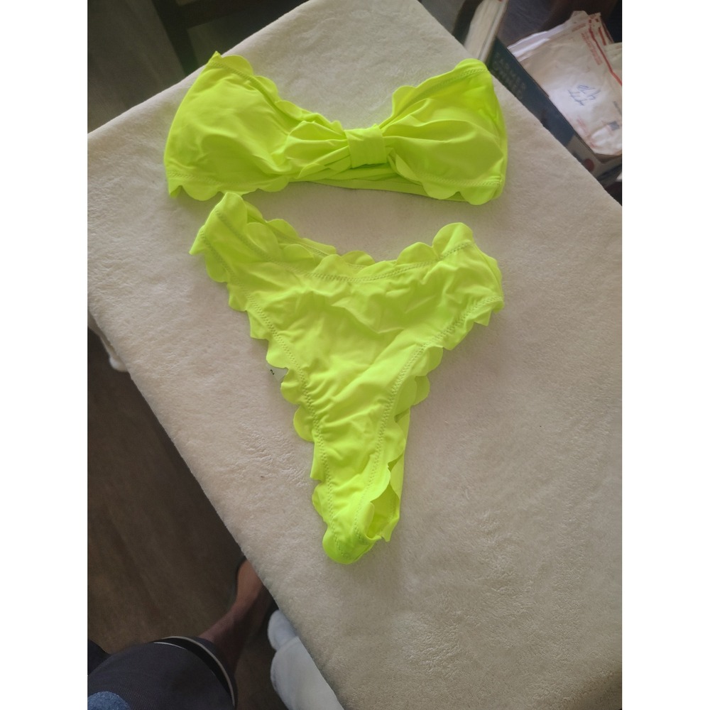SHEIN Neon Yellow Scallop Trim Bandeau Bikini Set Small Strapless High Cut Swim